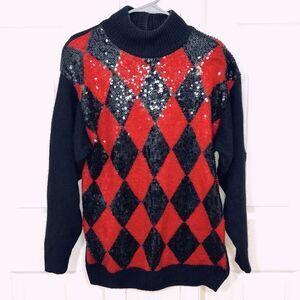Vintage 90’s Sweater Black Red Argyle Sequin Wool Angora Silk Turtle Neck Size M